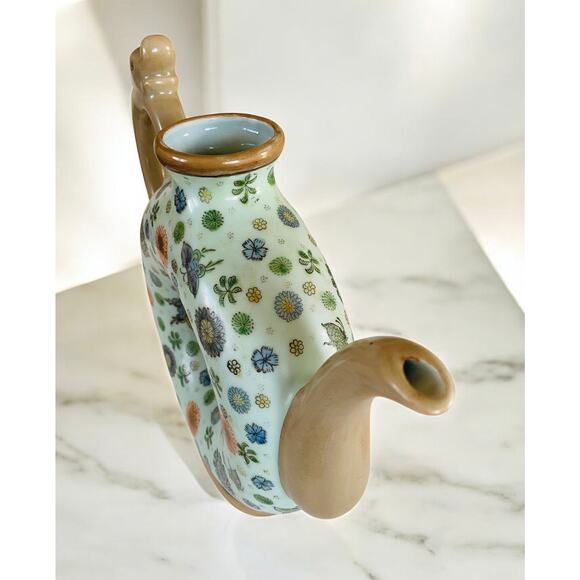 Vintage Chinese Donut Shaped Blue Floral Butterfly Porcelain Tea Pot with Dragon - Picture 14 of 16